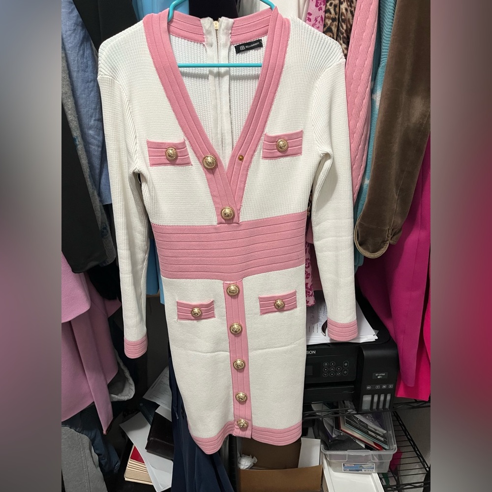 Bella barnet white and pink dress with gold buttons